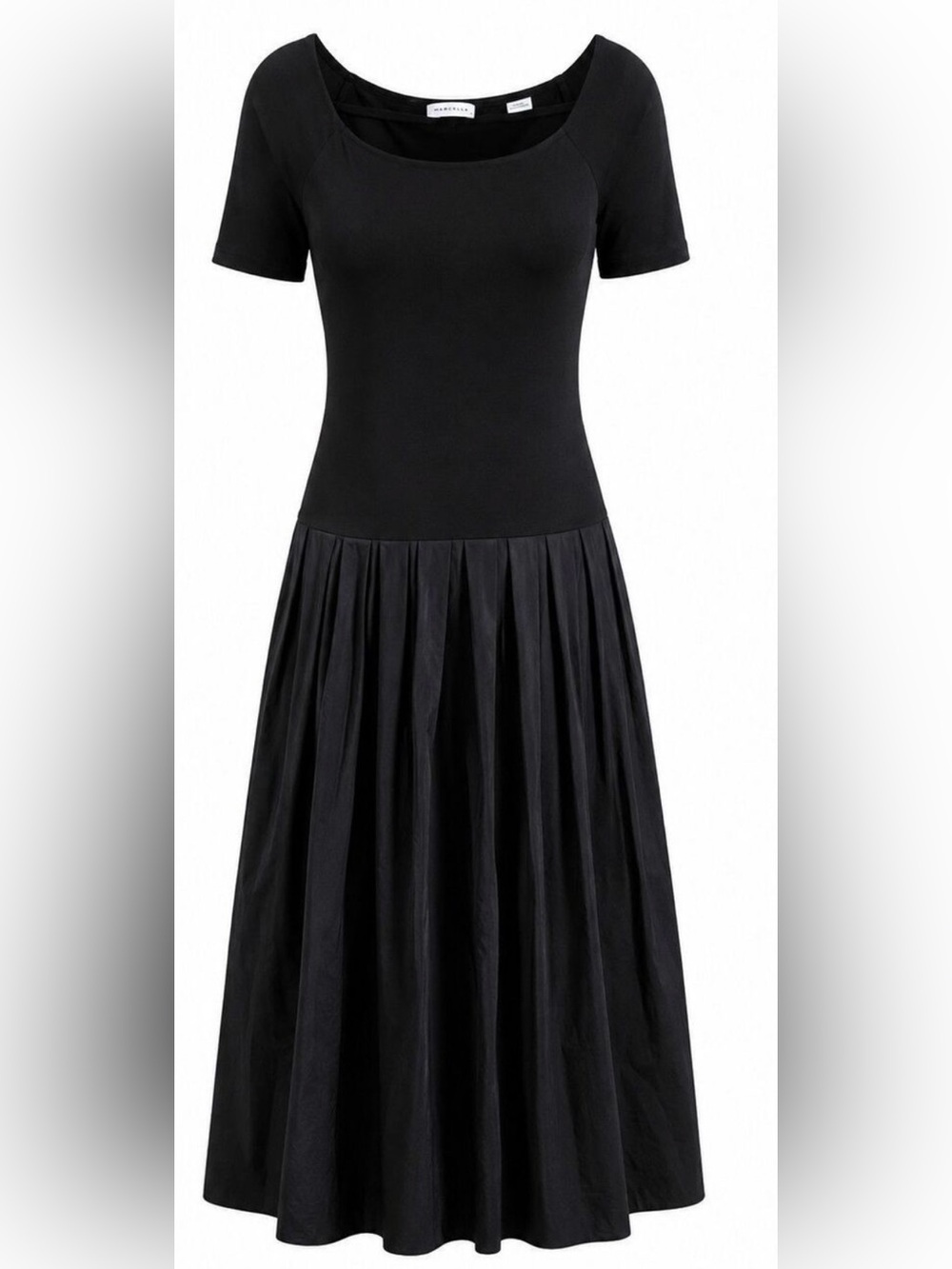 New MARELLA Black Scoop-Neck Fit & Pleated Midi Dress Sz M